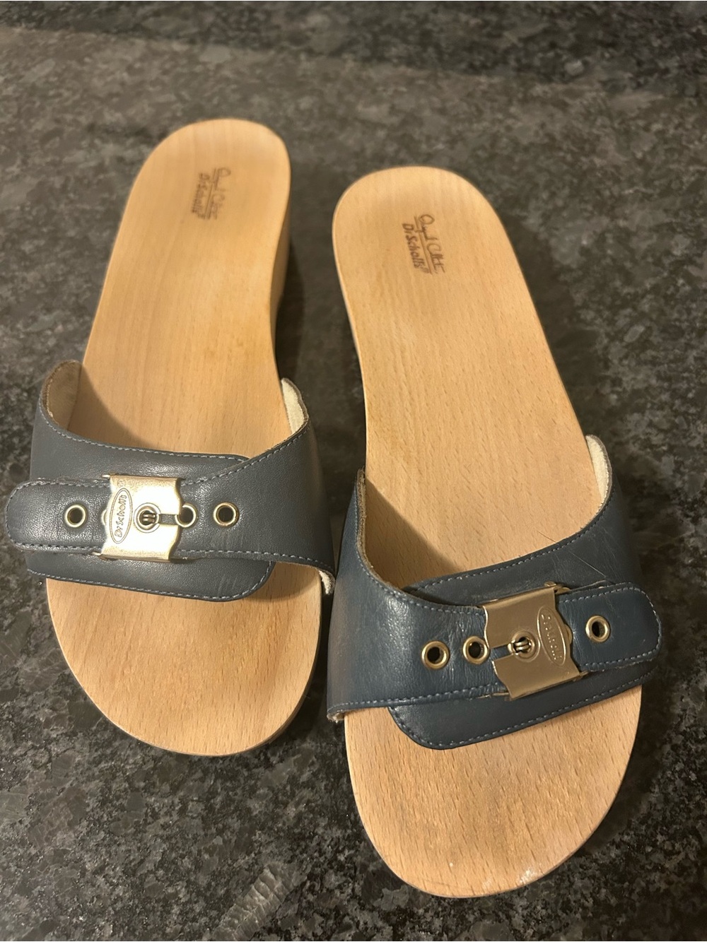 Dr Scholl’s  Original Collection Blue Leather Slide Sandals with Gold Buckle